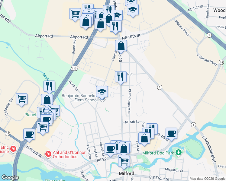 map of restaurants, bars, coffee shops, grocery stores, and more near in Milford