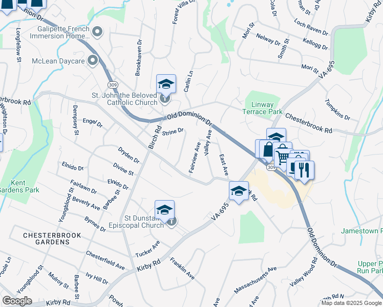 map of restaurants, bars, coffee shops, grocery stores, and more near 1718 Fairview Avenue in McLean