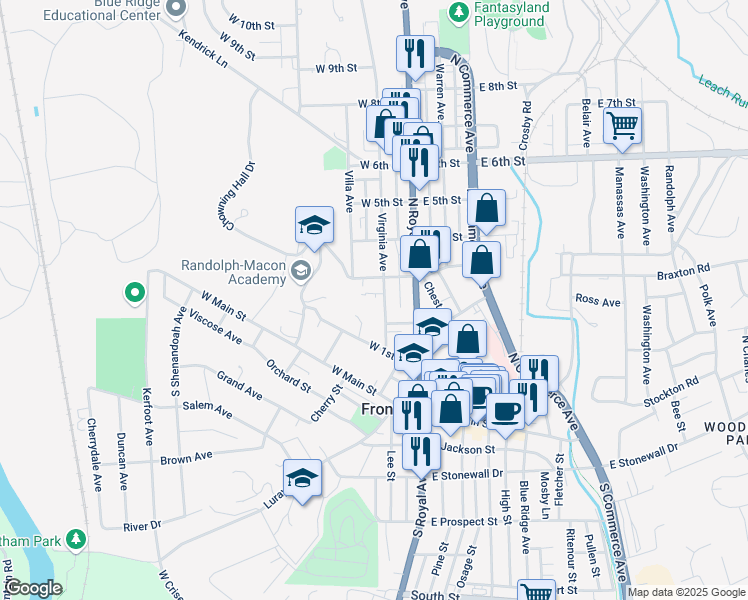 map of restaurants, bars, coffee shops, grocery stores, and more near 229 Virginia Avenue in Front Royal