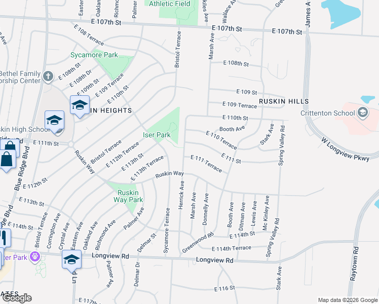 map of restaurants, bars, coffee shops, grocery stores, and more near 8301 East 111 Street in Kansas City