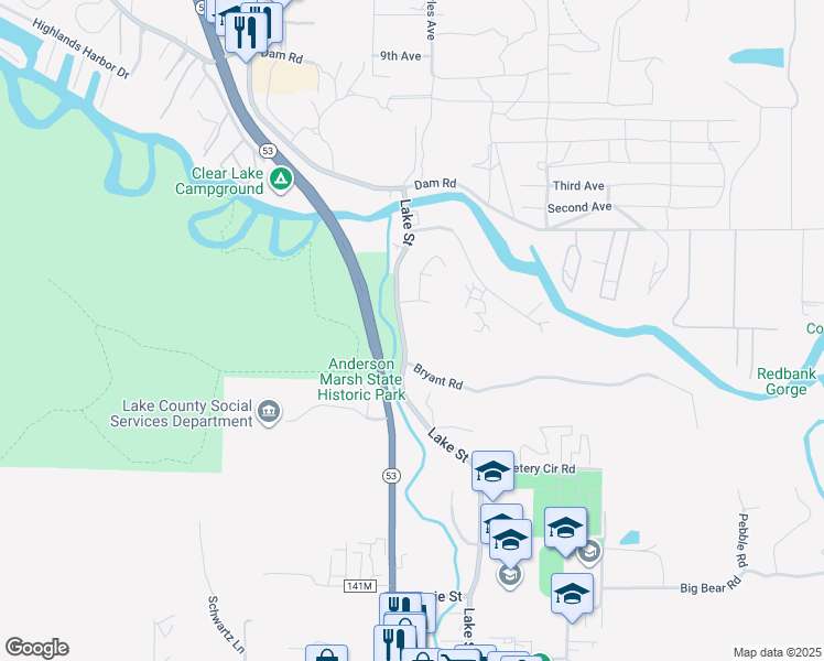 map of restaurants, bars, coffee shops, grocery stores, and more near 8426 Lake Street in Lower Lake