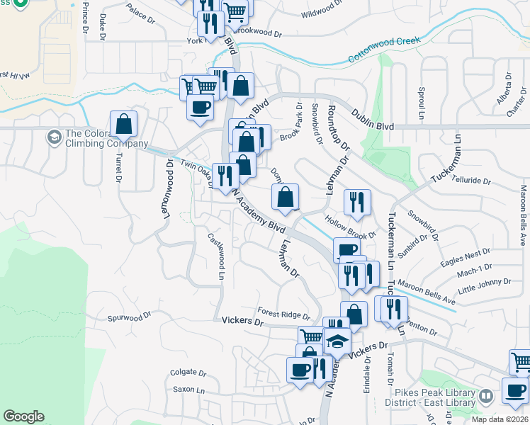 map of restaurants, bars, coffee shops, grocery stores, and more near 6243 Academy Boulevard North in Colorado Springs