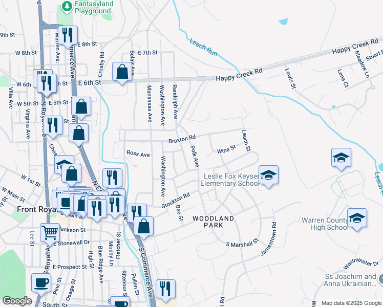 map of restaurants, bars, coffee shops, grocery stores, and more near 222 Polk Avenue in Front Royal