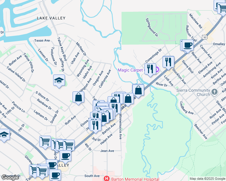map of restaurants, bars, coffee shops, grocery stores, and more near 2320 Sky Meadows Court in South Lake Tahoe