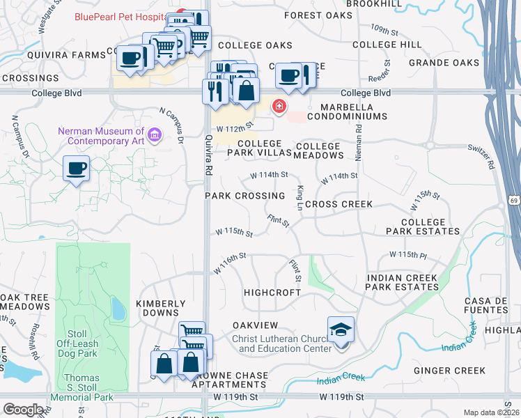 map of restaurants, bars, coffee shops, grocery stores, and more near 11434 Flint Street in Overland Park
