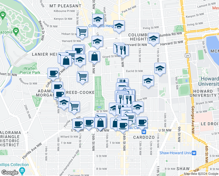 map of restaurants, bars, coffee shops, grocery stores, and more near 1443 Chapin Street Northwest in Washington