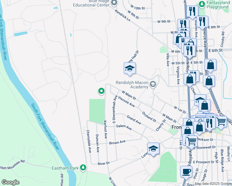 map of restaurants, bars, coffee shops, grocery stores, and more near 603 Viscose Avenue in Front Royal