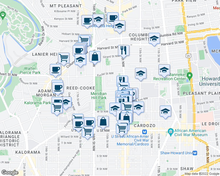 map of restaurants, bars, coffee shops, grocery stores, and more near 1443 Chapin Street Northwest in Washington