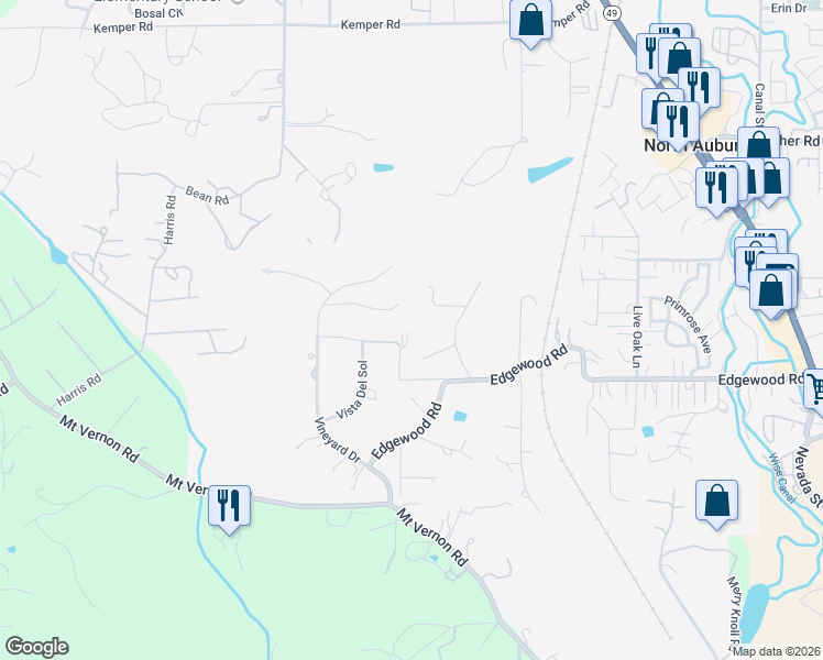 map of restaurants, bars, coffee shops, grocery stores, and more near 2074 Quail Springs Lane in Auburn