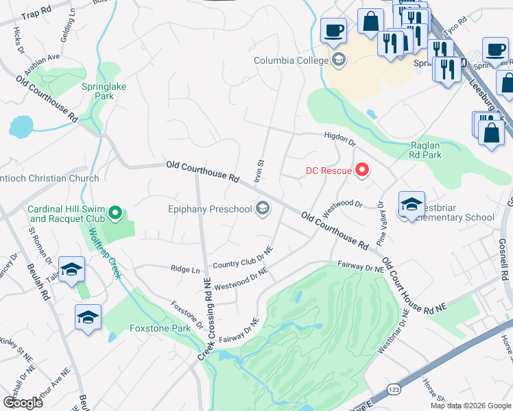 map of restaurants, bars, coffee shops, grocery stores, and more near 1803 Hursley Court in Vienna