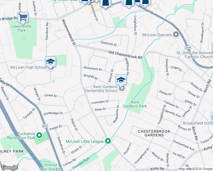 map of restaurants, bars, coffee shops, grocery stores, and more near 6801 Broyhill Street in McLean