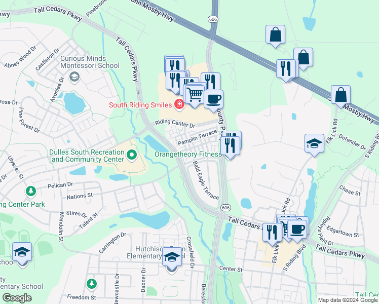 map of restaurants, bars, coffee shops, grocery stores, and more near 25155 Mcbryde Terrace in Chantilly