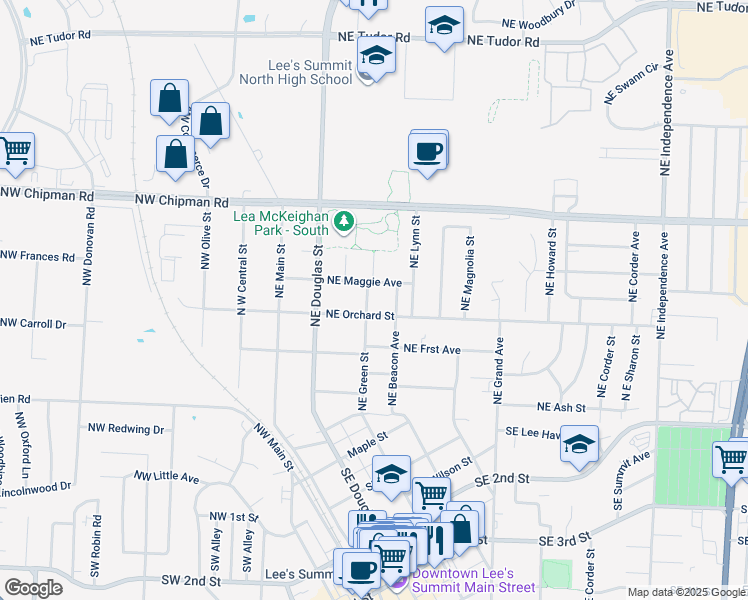 map of restaurants, bars, coffee shops, grocery stores, and more near 507 Northeast Green Street in Lee's Summit