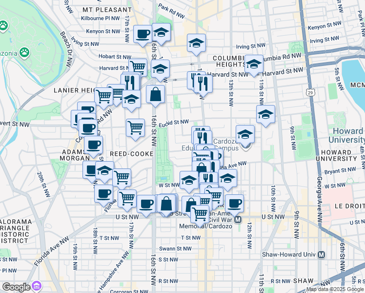 map of restaurants, bars, coffee shops, grocery stores, and more near 1439 Chapin Street Northwest in Washington