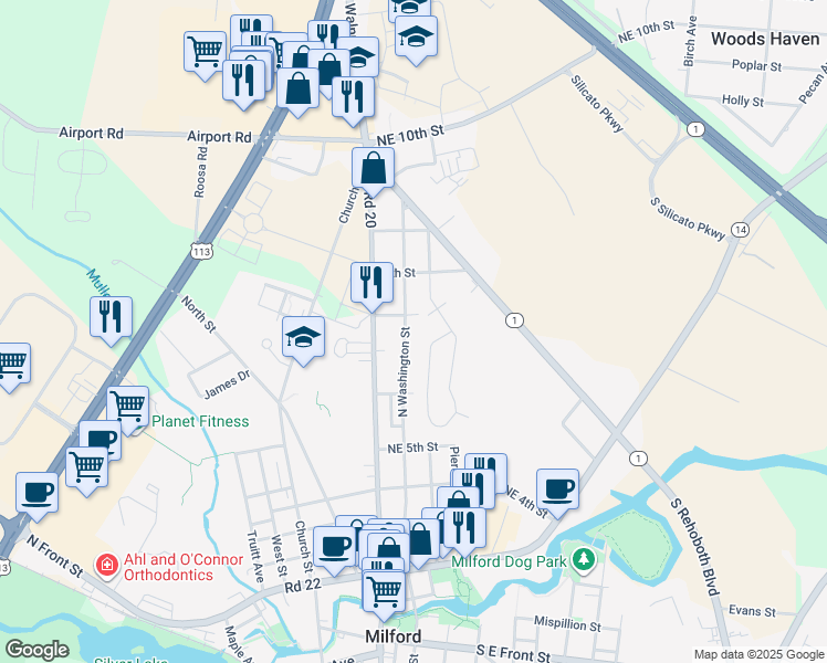map of restaurants, bars, coffee shops, grocery stores, and more near 617 North Washington Street in Milford