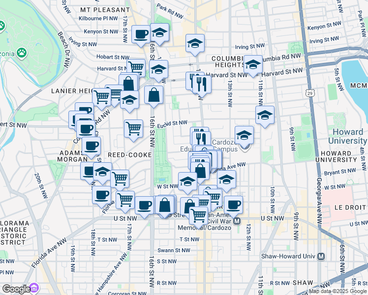 map of restaurants, bars, coffee shops, grocery stores, and more near 1435 Chapin Street Northwest in Washington