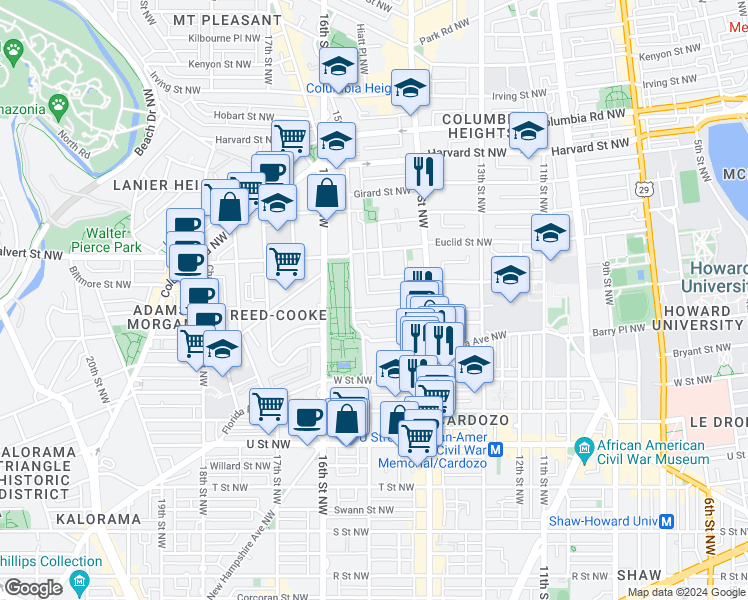 map of restaurants, bars, coffee shops, grocery stores, and more near 1447 Chapin Street Northwest in Washington
