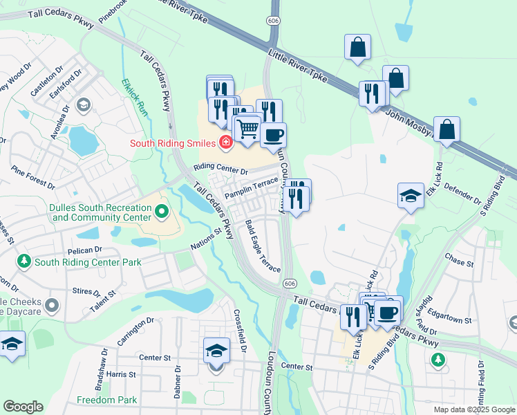 map of restaurants, bars, coffee shops, grocery stores, and more near 25150 Shultz Terrace in Chantilly