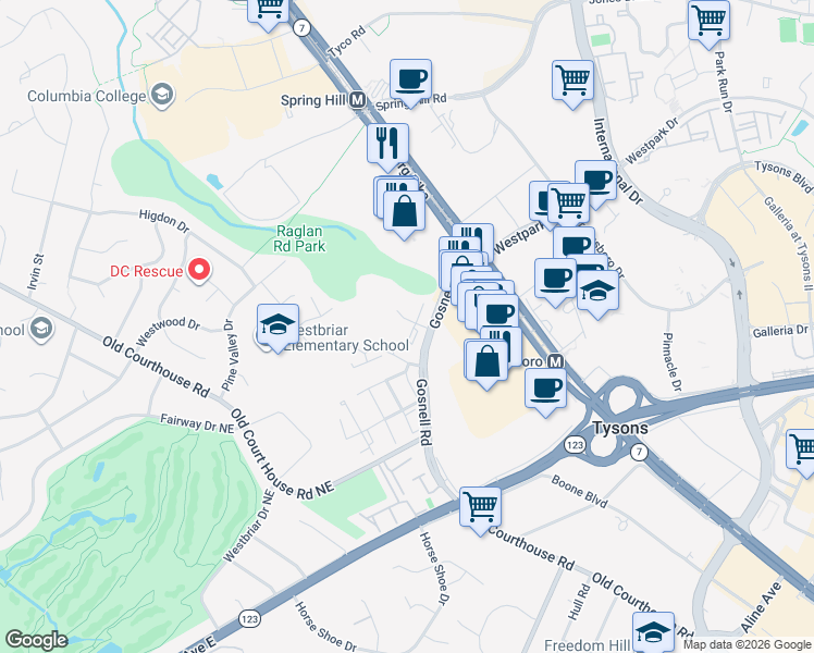 map of restaurants, bars, coffee shops, grocery stores, and more near 1718 Cy Court in Vienna