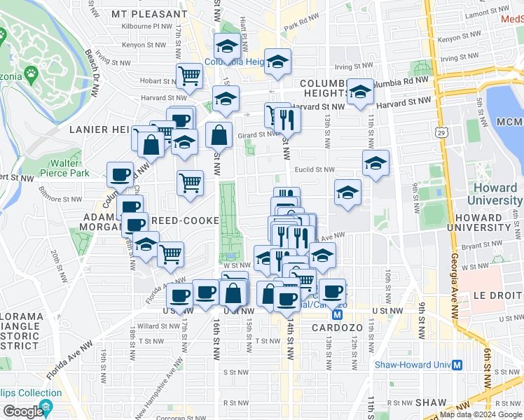 map of restaurants, bars, coffee shops, grocery stores, and more near 1435 Chapin Street Northwest in Washington