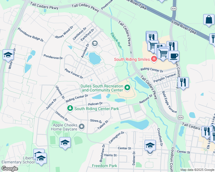 map of restaurants, bars, coffee shops, grocery stores, and more near 25029 Riding Center Drive in South Riding