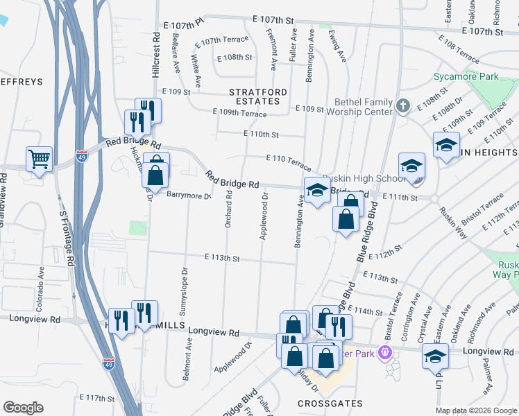 map of restaurants, bars, coffee shops, grocery stores, and more near 11108 Applewood Drive in Kansas City