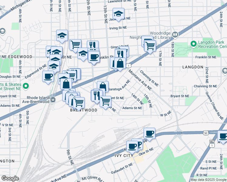 map of restaurants, bars, coffee shops, grocery stores, and more near 1331 Saratoga Avenue Northeast in Washington
