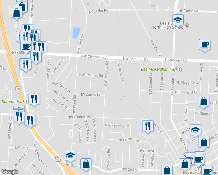map of restaurants, bars, coffee shops, grocery stores, and more near 505 Northwest Donovan Road in Lee's Summit