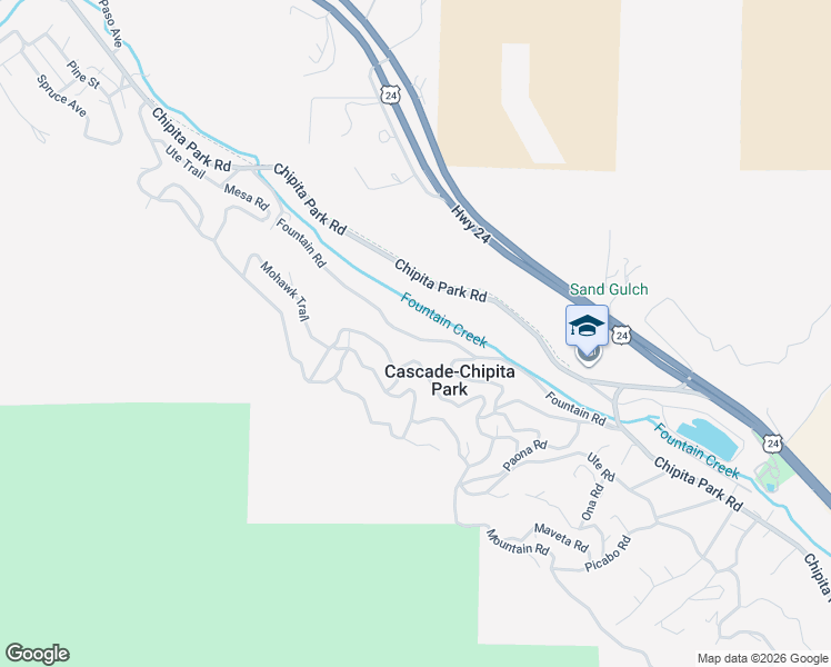 map of restaurants, bars, coffee shops, grocery stores, and more near 9730 Fountain Road in Cascade-Chipita Park