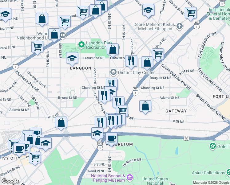 map of restaurants, bars, coffee shops, grocery stores, and more near 36 25th Place Northeast in Washington