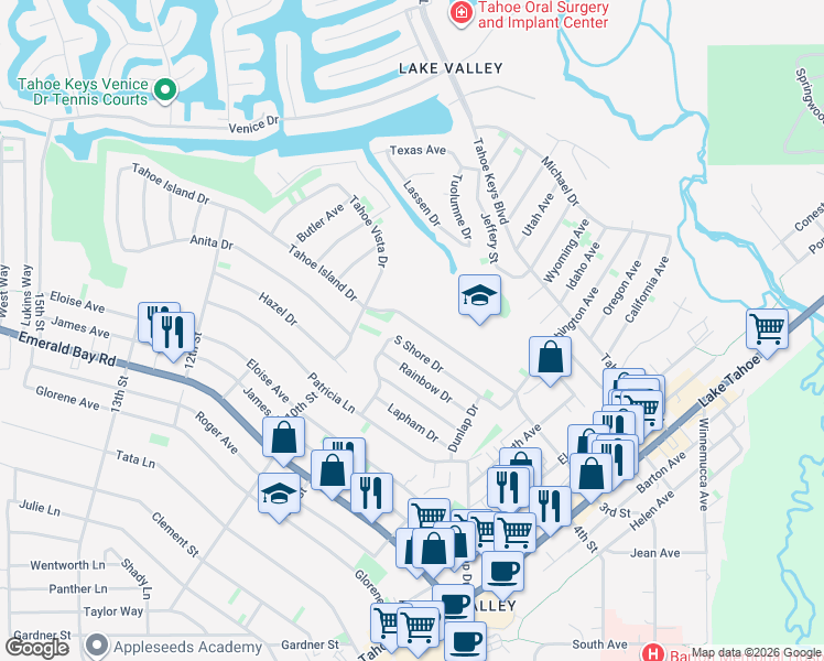 map of restaurants, bars, coffee shops, grocery stores, and more near 886 Tahoe Island Drive in South Lake Tahoe