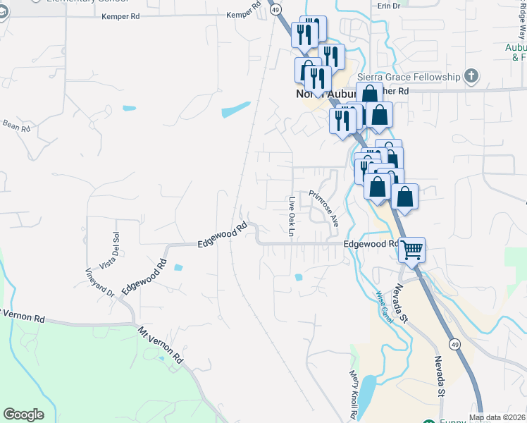 map of restaurants, bars, coffee shops, grocery stores, and more near 1279 Live Oak Lane in Auburn