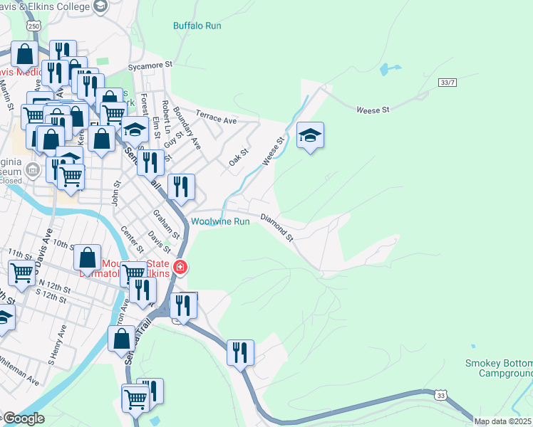 map of restaurants, bars, coffee shops, grocery stores, and more near 233 Diamond Street in Elkins