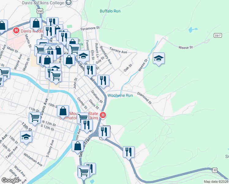 map of restaurants, bars, coffee shops, grocery stores, and more near 34 Diamond Street in Elkins