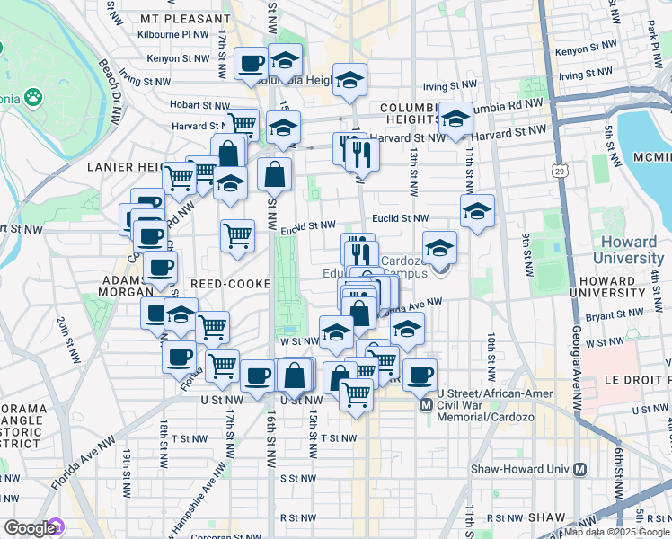 map of restaurants, bars, coffee shops, grocery stores, and more near 1427 Chapin Street Northwest in Washington