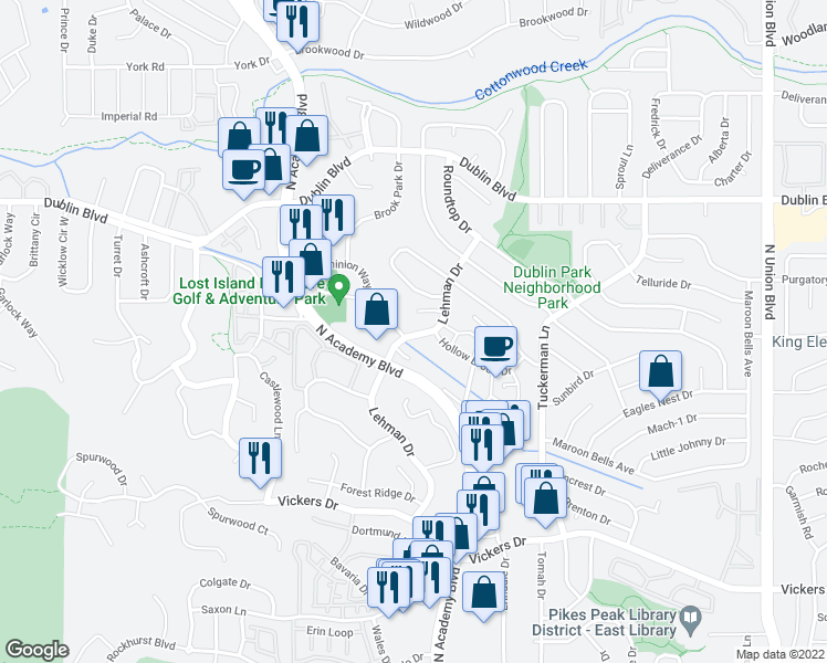 map of restaurants, bars, coffee shops, grocery stores, and more near 6270 Lehman Dr in Colorado Springs
