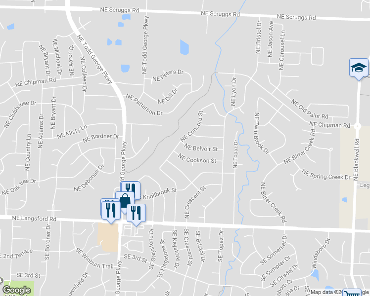 map of restaurants, bars, coffee shops, grocery stores, and more near 2103 Northeast Belvoir Street in Lee's Summit