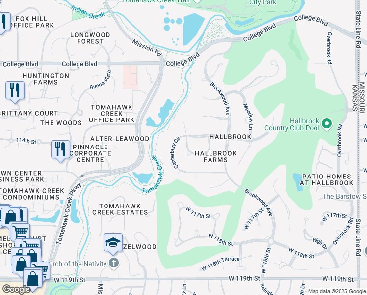 map of restaurants, bars, coffee shops, grocery stores, and more near 11435 Manor Road in Leawood