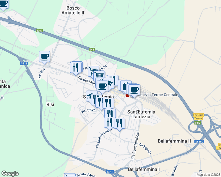 map of restaurants, bars, coffee shops, grocery stores, and more near 43 Via del Mare in Santa Eufemia Lamezia