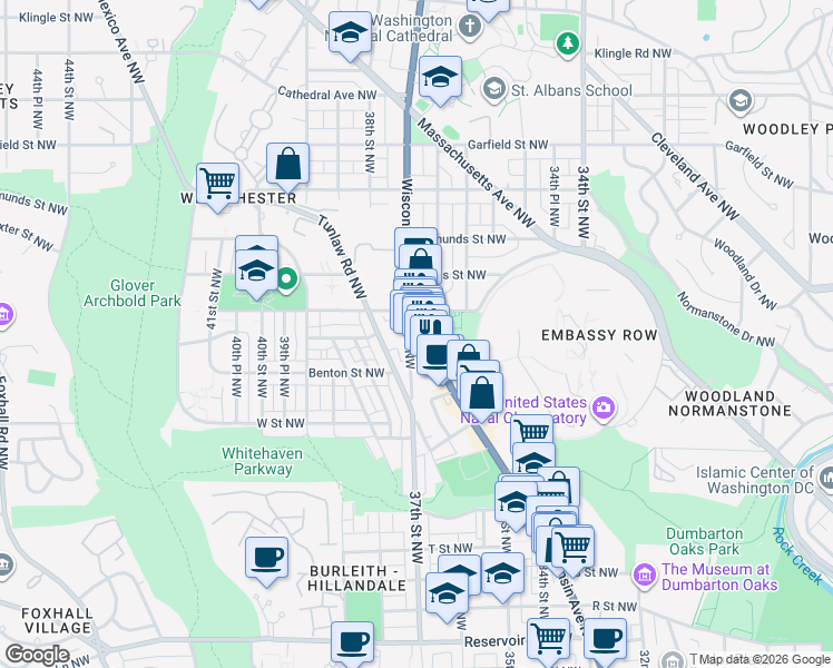 map of restaurants, bars, coffee shops, grocery stores, and more near 2436 Wisconsin Avenue Northwest in Washington