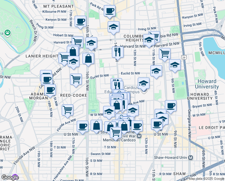 map of restaurants, bars, coffee shops, grocery stores, and more near 1417 Chapin Street Northwest in Washington