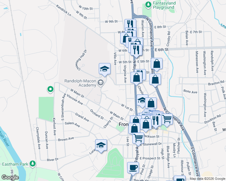 map of restaurants, bars, coffee shops, grocery stores, and more near 201 Academy Drive in Front Royal