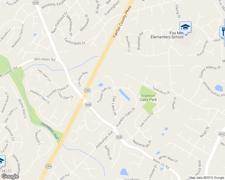 map of restaurants, bars, coffee shops, grocery stores, and more near 2884 Franklin Oaks Drive in Herndon