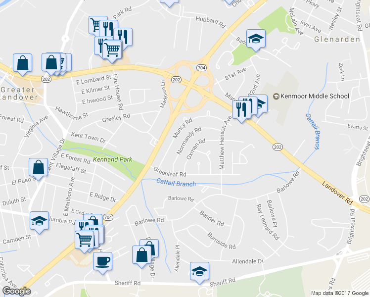 map of restaurants, bars, coffee shops, grocery stores, and more near 7631 Normandy Road in Greater Landover