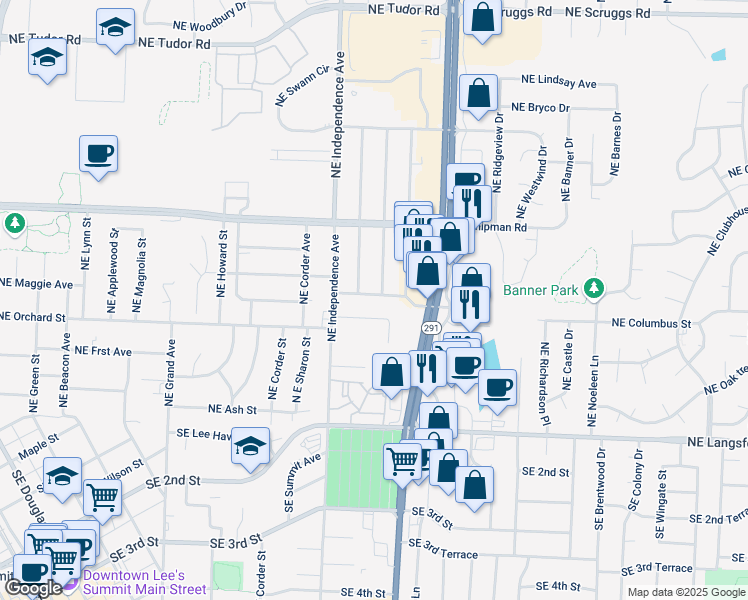 map of restaurants, bars, coffee shops, grocery stores, and more near 811 Northeast Columbus Street in Lee's Summit