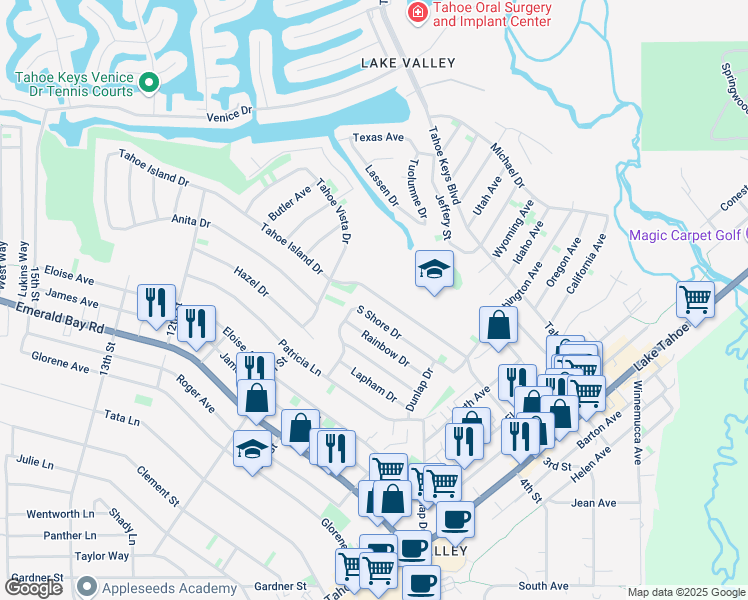 map of restaurants, bars, coffee shops, grocery stores, and more near 886 Tahoe Island Drive in South Lake Tahoe