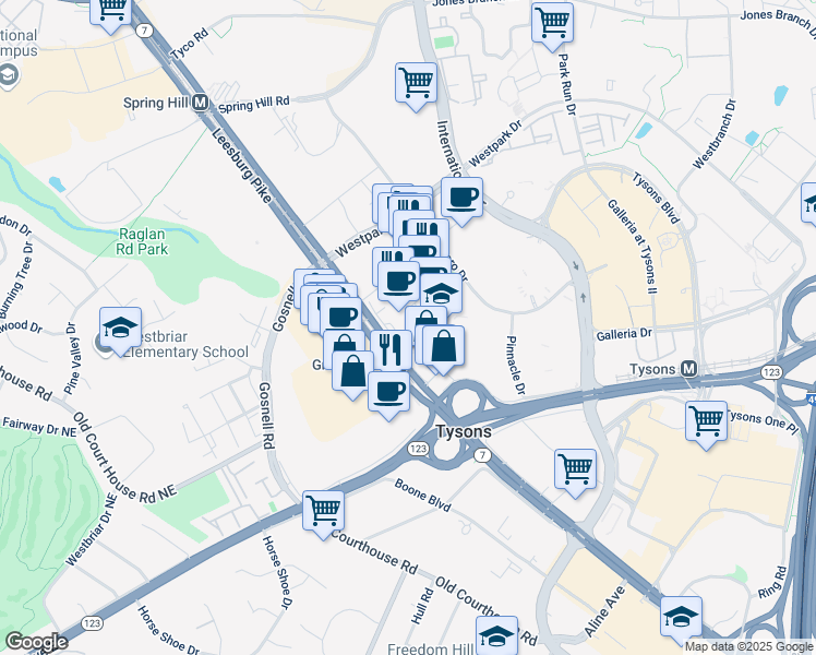 map of restaurants, bars, coffee shops, grocery stores, and more near 1785 Greensboro Station Place in McLean