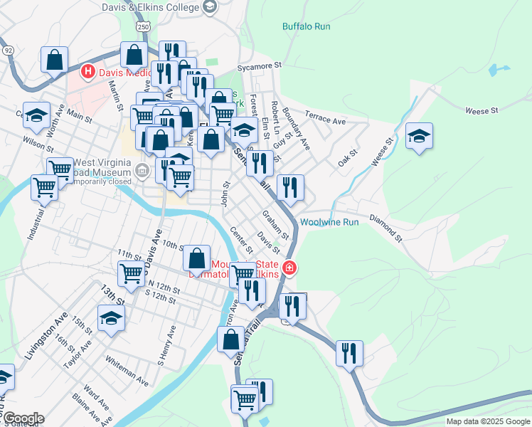 map of restaurants, bars, coffee shops, grocery stores, and more near 301-309 Graham Street in Elkins