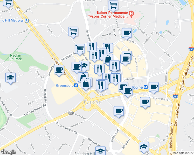map of restaurants, bars, coffee shops, grocery stores, and more near 8255 Greensboro Drive in Tysons Corner