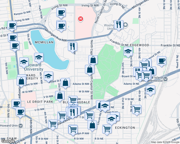 map of restaurants, bars, coffee shops, grocery stores, and more near 101 Independence Avenue Southeast in Washington